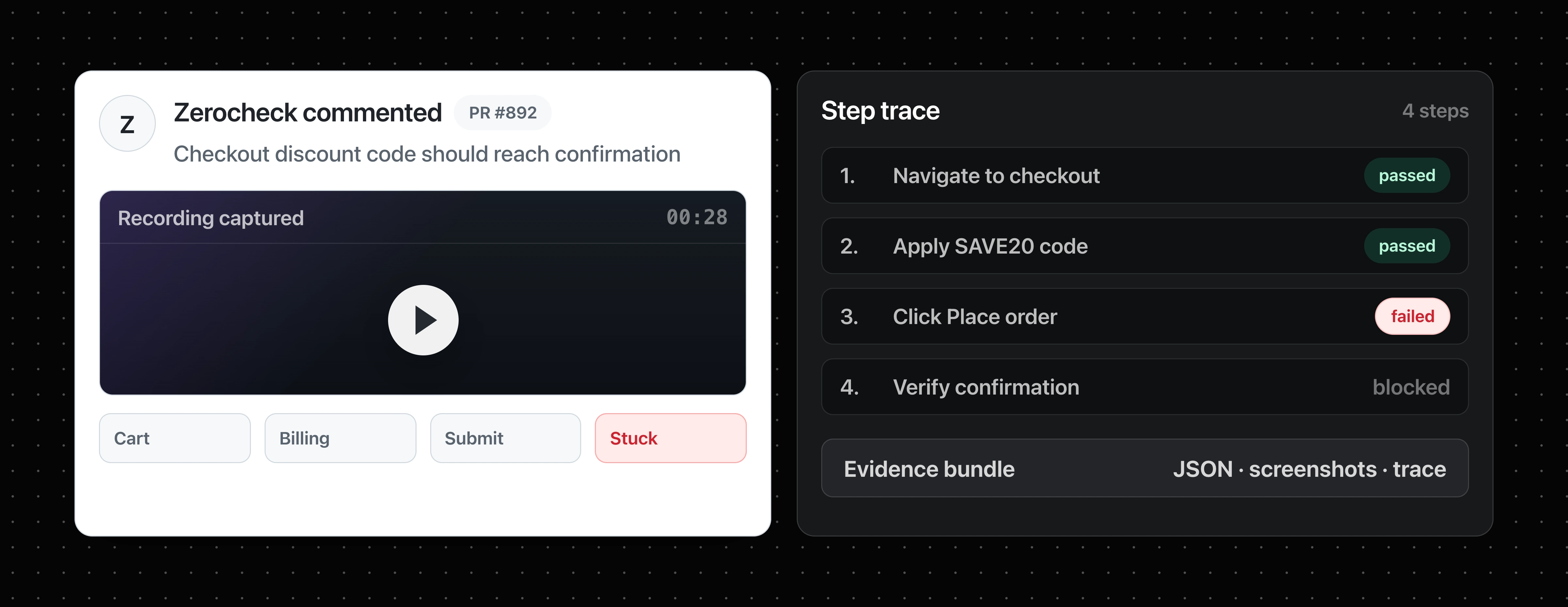 Static preview showing a Zerocheck pull request comment with recording evidence, screenshots, and a step trace.