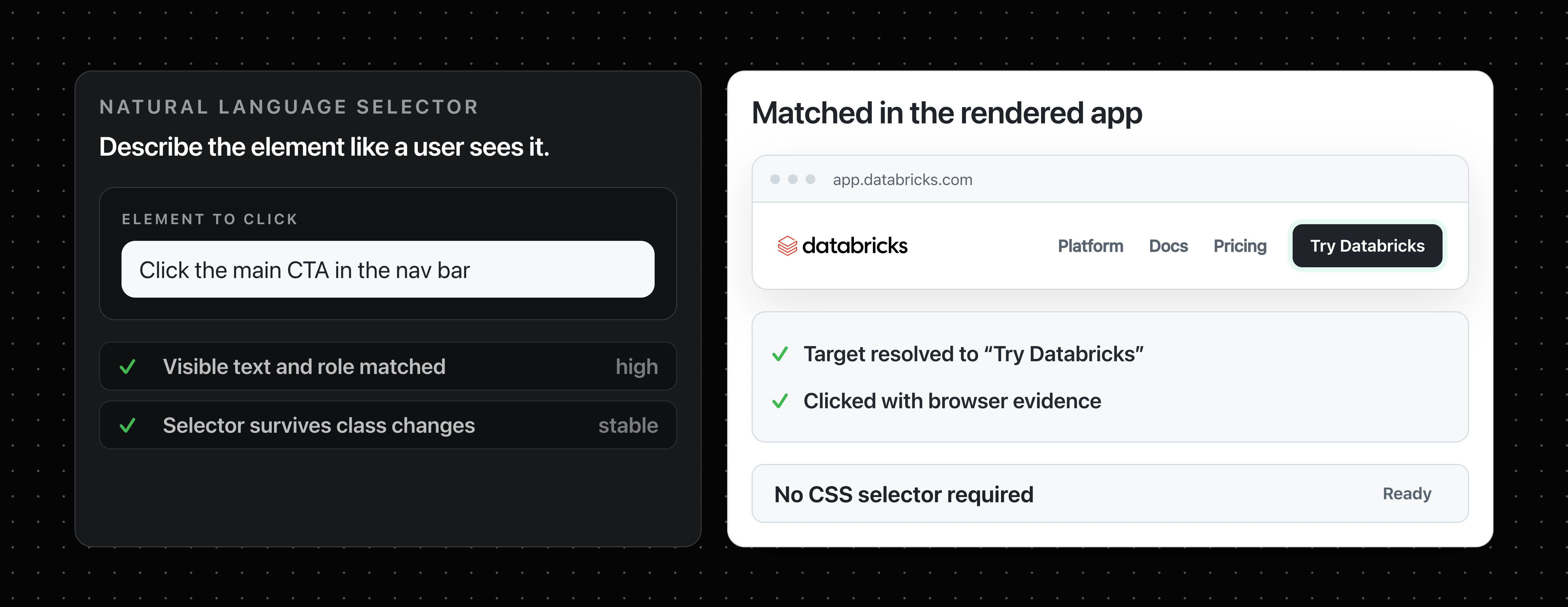 Static preview showing Zerocheck resolving a natural-language element target to the main call-to-action in a rendered browser page.